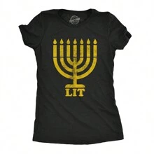 Womens Lit Menorah T Shirt Funny Religion Faith Holiday Novelty Tee Funny Womens T Shirts Cute Vintage Fashion T-Shirt Gift - Heather Black - View 1