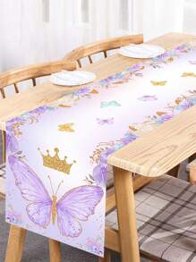 1pc Purple Butterfly Themed Polyester Table Runner, 180*35cm Table Runner,Table Covers,Butterfly Crown Flower Table Runner, Suitable For Butterfly Birthday Party Supplies,Baby Shower Decoration,Wedding Family Holiday Party Room Table Decoration Supplies Table Runner, Disposable Table Covers Back To School Valentine Day