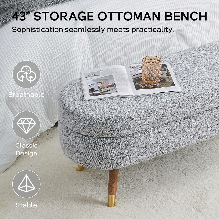43" Storage Ottoman Bench, Boucle Upholstered Entryway Bench With Wood Legs, Padded Small End