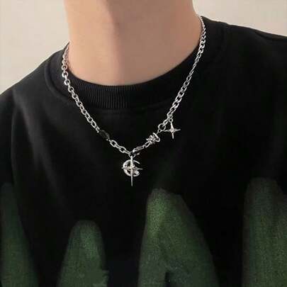 1pc Black Sapphire Star Shaped European And American Style Hip Hop Street Necklace, Niche Design High-End Feeling Clavicle Chain Sweater Chain Fathers Day Gift School