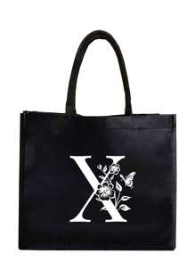 1PC Black Linen Handbag With White Flower Butterfly Letter Print Design,Simple And Elegant,Personalized Bridesmaid Wedding Gift Bag, Makeup Bag,Travel Simple Storage Bag,Solid Color Cosmetics Wallet,Large Capacity Travel Makeup Bag: The Perfect Match For Outdoor Beauties! Suitable For Weddings,Birthdays,Beaches,And Holidays - Black - View 34