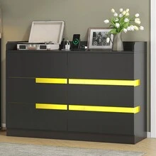 White Dresser With LED Lights & Charging Station, Dressers & Chests Of Drawers For Bedroom,Ample Storage Space With 6 Drawers, MDF Construction, Multi-Colour RGB Lights - 黑色 - 查看 1