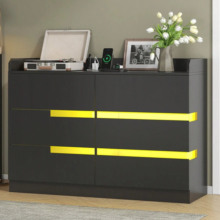 White Dresser With LED Lights & Charging Station, Dressers & Chests Of Drawers For Bedroom,Ample Storage Space With 6 Drawers, MDF Construction, Multi-Colour RGB Lights - 黑色 - 查看 1