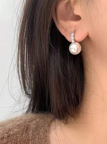 2 件镀银仿珍珠耳环女式时尚锆石环状耳环新娘婚礼派对珠宝礼物送给女友妻子 BBF 情人节礼物 - 銀色 - 查看 3