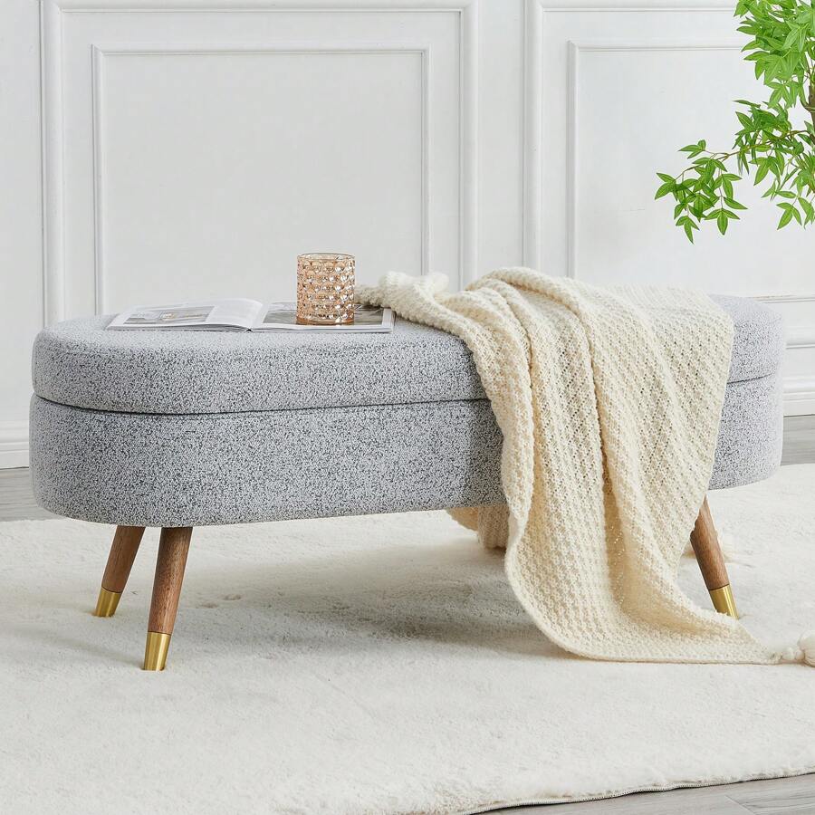 43" Storage Ottoman Bench, Boucle Upholstered Entryway Bench With Wood Legs, Padded Small End