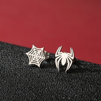 1 par de pendientes de acero inoxidable con mini araña y tela de araña, pendientes lindos, accesorio unisex