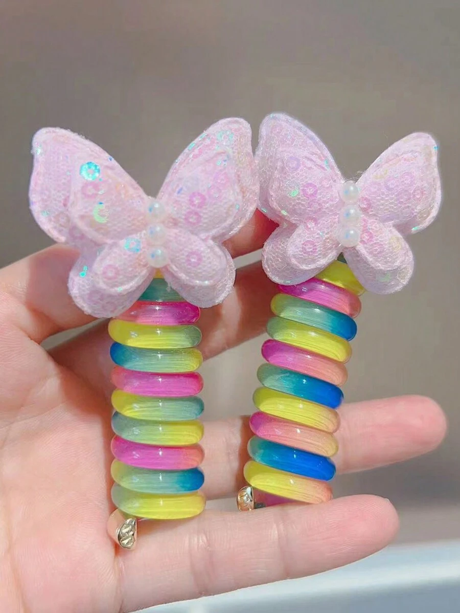 2pcs Telephone Cord Hair Scrunchies, Fashionable High Ponytail Holder - 淺粉色 - 查看 1
