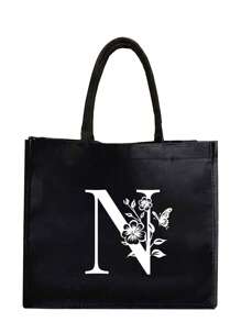 1PC Black Linen Handbag With White Flower Butterfly Letter Print Design,Simple And Elegant,Personalized Bridesmaid Wedding Gift Bag, Makeup Bag,Travel Simple Storage Bag,Solid Color Cosmetics Wallet,Large Capacity Travel Makeup Bag: The Perfect Match For Outdoor Beauties! Suitable For Weddings,Birthdays,Beaches,And Holidays - Black - View 24