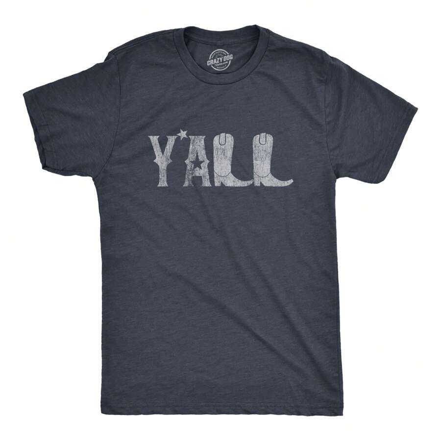 Mens Y'all Boots T Shirt Funny Country Cowboy Southern Graphic Novelty Tee Mens Funny T Shirts Cool Vintage Fashion T-Shirt Gift Classic Menswear - 希瑟海軍藍 - 查看 1