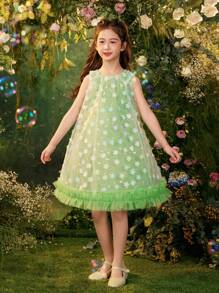 Dimu Tween Girl 2024 Summer New Three-Dimensional Flower Super Fairy Princess Sleeveless Sundress - Green - View 2