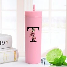 1入組A-Z字母圖案16oz純色塑料水瓶，適用於夏季/冬季飲料，扁底牛奶/咖啡杯，旅行配件，母親節禮物，伴娘/新娘禮物 - 粉色 - 查看 20