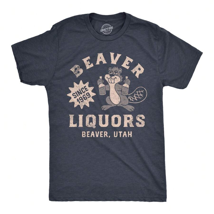 Mens Beaver Liquors T Shirt Funny Booze Bottle Drinking Joke Tee For Guys Mens Funny T Shirts Cool Vintage Fashion T-Shirt Gift Classic Menswear - 希瑟海軍藍 - 查看 1