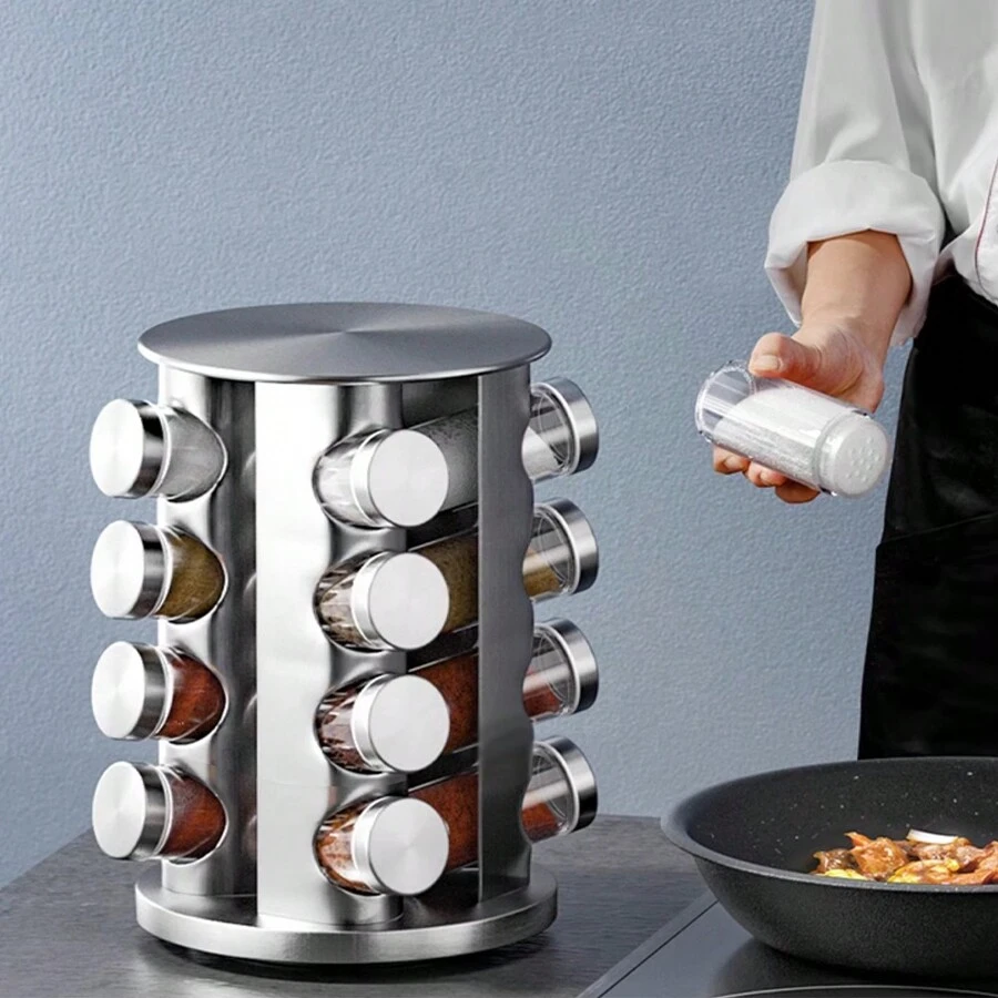 1 Set 360 Rotating Spice Rack With 8/12/16 Spice Jars, Stainless Steel Revolving Tower Organizer For Kitchen Countertop, Large Capacity Food Containers For Spices, Cereals, Coffee - Silver - View 1