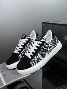 女士休闲运动鞋，带有随机几何印花，舒适，男女通用，适合户外运动、徒步旅行、日常穿着、情侣鞋 - 黑色 - 查看 2