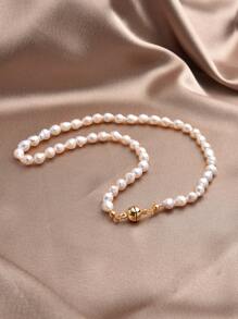 1pc 18K Gold Plated Natural Pearl Necklace, Gift For Mother's Day, Valentine's Day, Birthday, Wedding, Engagement, Bride - White - View 3