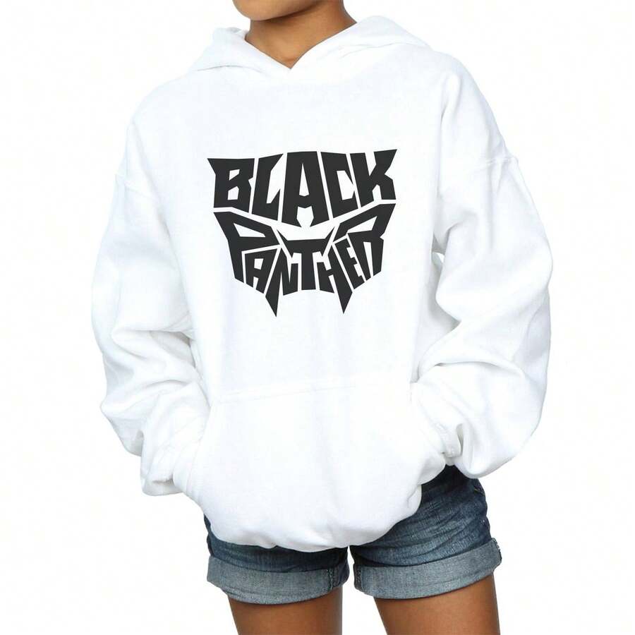 Marvel Girls Black Panther Worded Emblem Hoodie (White) SHEIN UK