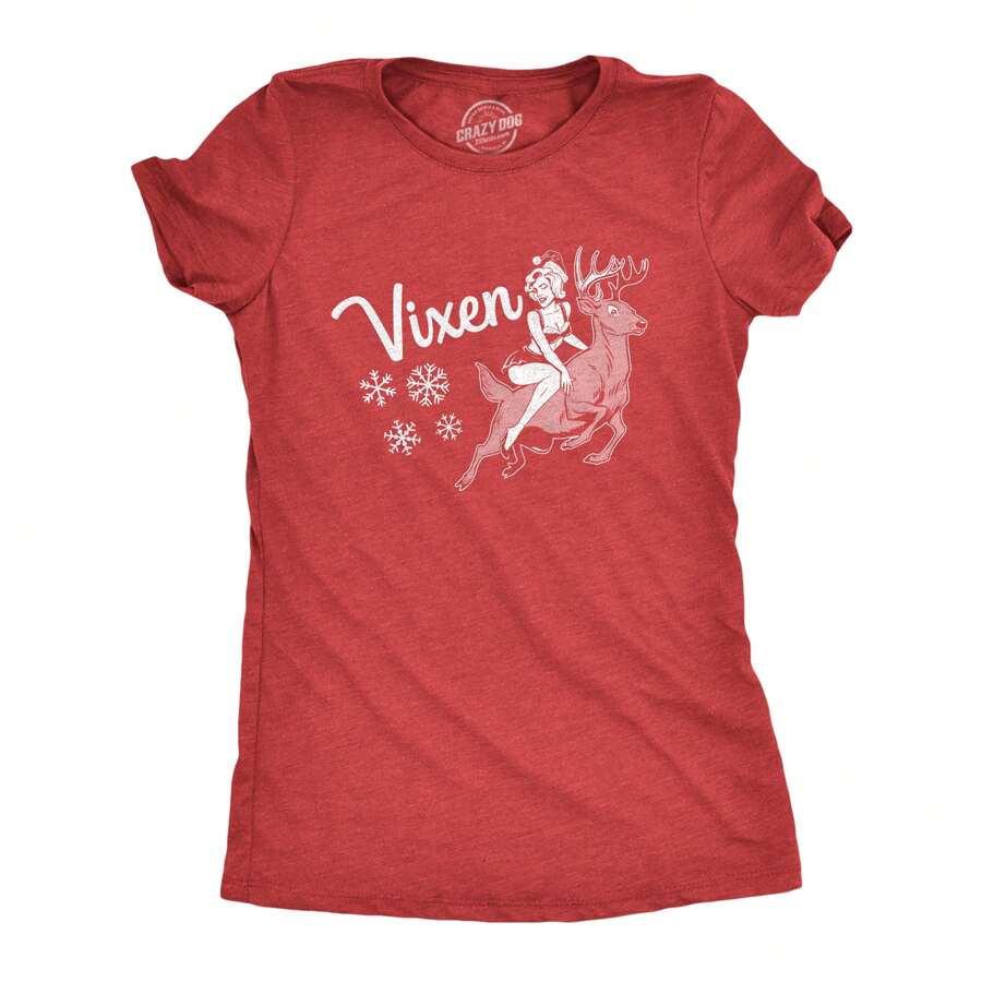 Womens Vixen T Shirt Funny Sexy Mrs Claus Reindeer Christmas Season Graphic Tee Funny Womens T Shirts Cute Vintage Fashion Casual Ladies T-Shirt Gift - Heather Red - View 1