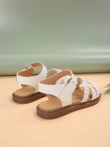 Double Girl Strappy Hollow Weaved PU Thong Sandals With Flat Sole And Round Toe, Suitable For Various Festivals In Summer