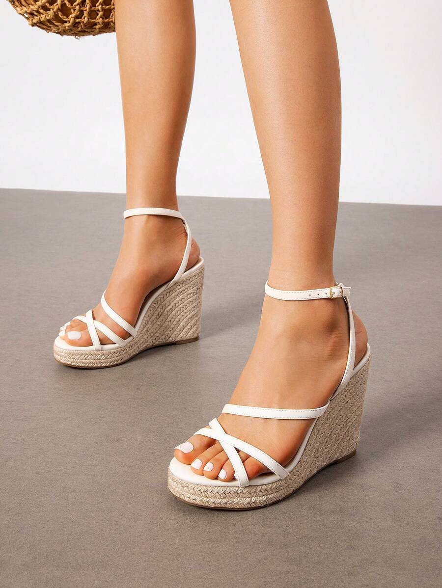 Women's Wedge Sandals Strappy Espadrille Platform Open Toe Dressy Summer Comfortable Cushioned Insole Ankle Strap Buckle Sandals - trắng - Xem 1