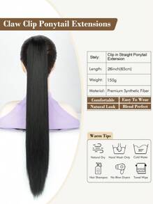 Extensions de queue de cheval 26 pouces 150g/paquet Perruque droite synthétique longue Pièces avec clip pince pour queue de cheval Extensions pour femmes, fibre résistante à haute température (noir)
