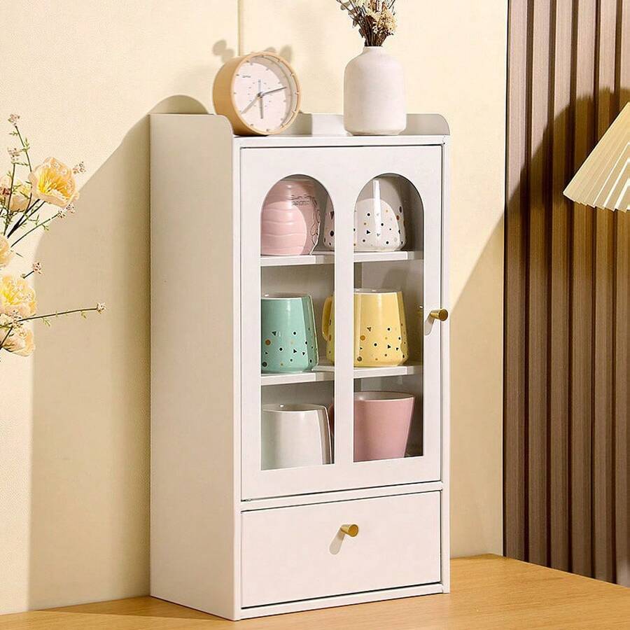 Metal Desktop Display Cabinet With 3 Shelves For Living Room Home Bar Kitchen, 1 Door Accent Display Cabinet With Drawer Cabinet-Top & 3 Shelves, Display Storage Cabinet For Accent Home Bar - 白色 - 查看 1
