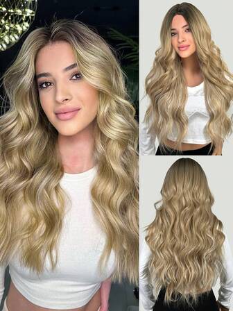 28寸女士長捲卷漸變長波浪金色假髮中分自然造型耐高溫合成纖維合成假髮