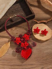 誇張多層手工重工編織歐洲、非洲和波西米亞風格時尚復古鋁線、亞克力質地派對假日項鍊和耳環