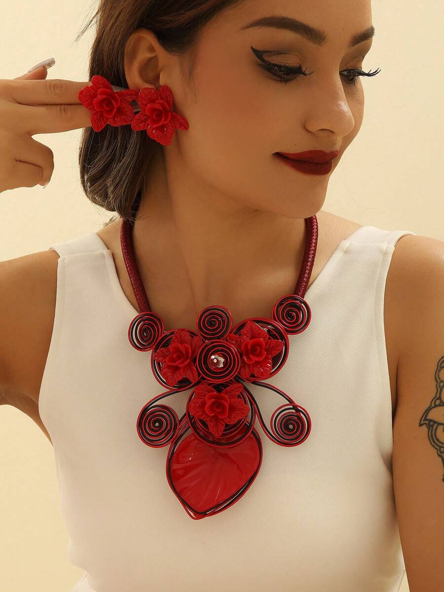 誇張多層手工重工編織歐洲、非洲和波西米亞風格時尚復古鋁線、亞克力質地派對假日項鍊和耳環