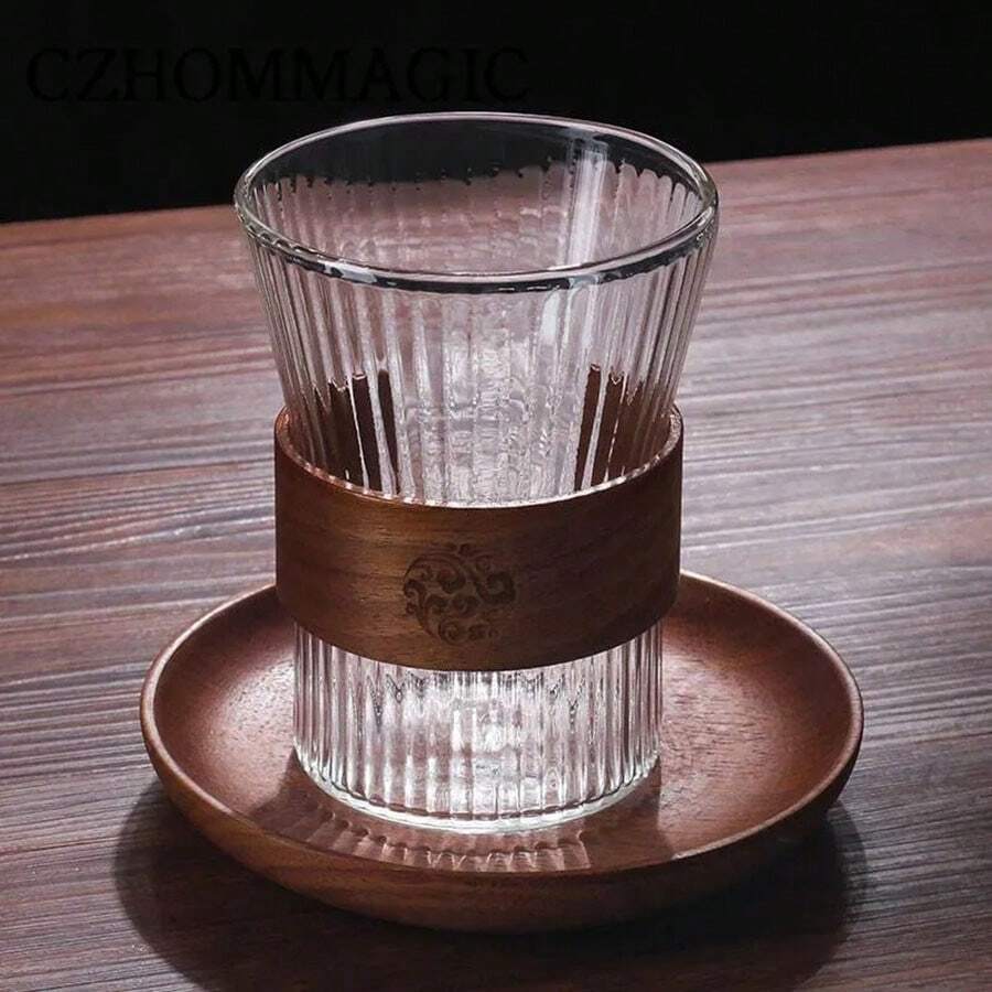 Vertikale Glas Kaffeetasse, hochwertiges Borosilikatglas, dickwandige Teekasse, mit Holzfaser-Isolationsschicht, kann auch als Milch- oder Getränkebecher verwendet werden - Transparent - Übersicht 1