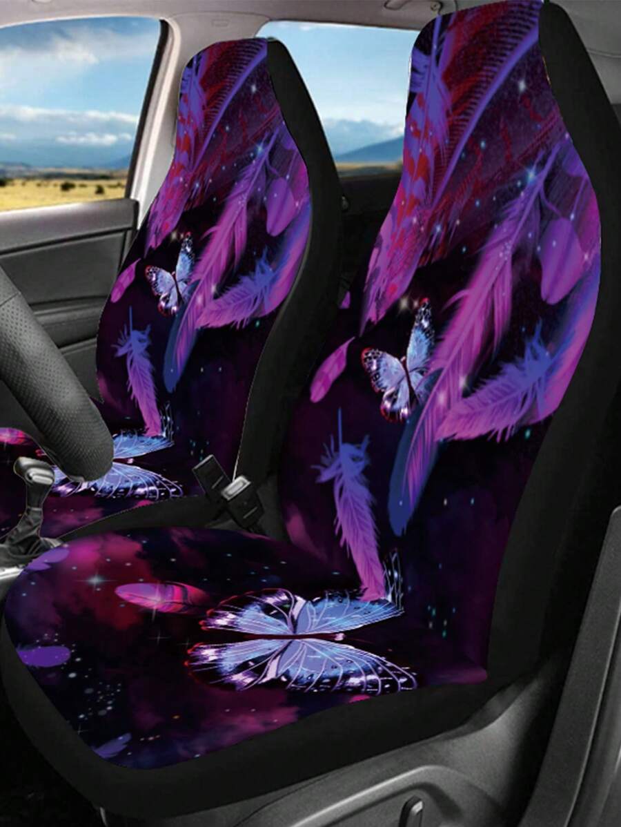 1pc Purple Feather Butterfly Printed Universal Chair Cover Icy Silk Chair Cover - Multicolor - View 1