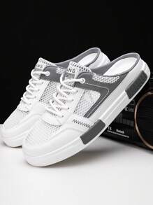 Men's Casual Slippers, Summer Breathable Closed Toe Slides, Flat Slip-On Sandals, Hollow-Out Mesh Shoes, Outdoor Personalized Fashion Backless Loafers, Contrast Mesh Shoes, Autumn Winter Fashionable Flat Round Toe Skate Shoes, Outdoor Casual Sports Sneakers, Lightweight Breathable Casual White Shoes, Suitable For Holiday, Party, Street Wear, Travel, Vacation