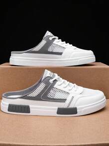 Men's Casual Slippers, Summer Breathable Closed Toe Slides, Flat Slip-On Sandals, Hollow-Out Mesh Shoes, Outdoor Personalized Fashion Backless Loafers, Contrast Mesh Shoes, Autumn Winter Fashionable Flat Round Toe Skate Shoes, Outdoor Casual Sports Sneakers, Lightweight Breathable Casual White Shoes, Suitable For Holiday, Party, Street Wear, Travel, Vacation