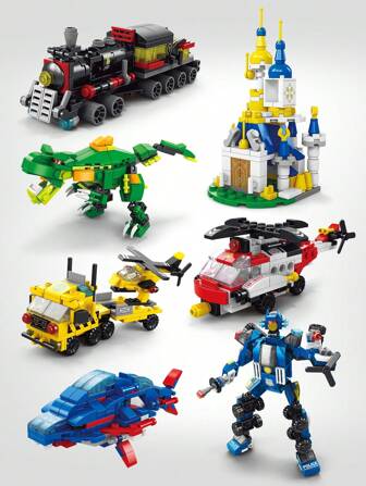 Un set de rompecabezas de construcción de bloques de dinosaurios, avión, castillo y robot como juguete y regalo de invierno para niños y niñas para decorar la habitación