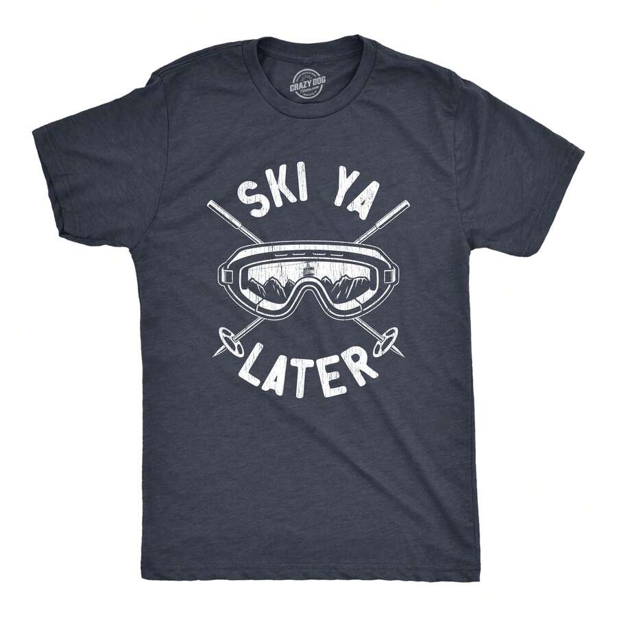 Mens Ski Ya Later T Shirt Funny Sarcastic Skiing Goggles Poles Mountain Graphic Tee For Guys Mens Funny T Shirts Cool Vintage Fashion T-Shirt Gift - 希瑟海軍藍 - 查看 1