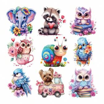 9pcs Cute Elephant, Bird, Dog, Snail High Definition 3D Stickers For T-Shirt, Canvas Bag, Hat, Umbrella Heat Transfer Print Floral, Koala Style High Elasticity, Washable Animal Series