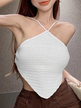 1pc estilo europeo y americano Sexy de cuello halter para mujeres, camiseta sin mangas de verano para mujeres, chaleco corto de camisola de unicolor para dama, perfecto para vestir interior y exteriormente