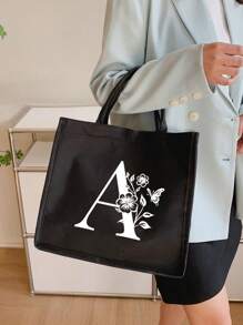 1PC Black Linen Handbag With White Flower Butterfly Letter Print Design,Simple And Elegant,Personalized Bridesmaid Wedding Gift Bag, Makeup Bag,Travel Simple Storage Bag,Solid Color Cosmetics Wallet,Large Capacity Travel Makeup Bag: The Perfect Match For Outdoor Beauties! Suitable For Weddings,Birthdays,Beaches,And Holidays - Black - View 7