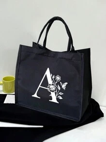 1PC Black Linen Handbag With White Flower Butterfly Letter Print Design,Simple And Elegant,Personalized Bridesmaid Wedding Gift Bag, Makeup Bag,Travel Simple Storage Bag,Solid Color Cosmetics Wallet,Large Capacity Travel Makeup Bag: The Perfect Match For Outdoor Beauties! Suitable For Weddings,Birthdays,Beaches,And Holidays - Black - View 5