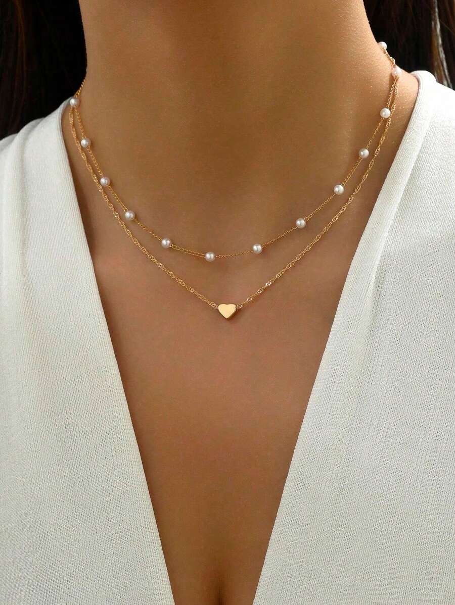 2 件女士金色心形项链，小众设计，奢华时尚双层锁骨链，组合项链情人节 - 彩色 - 查看 1