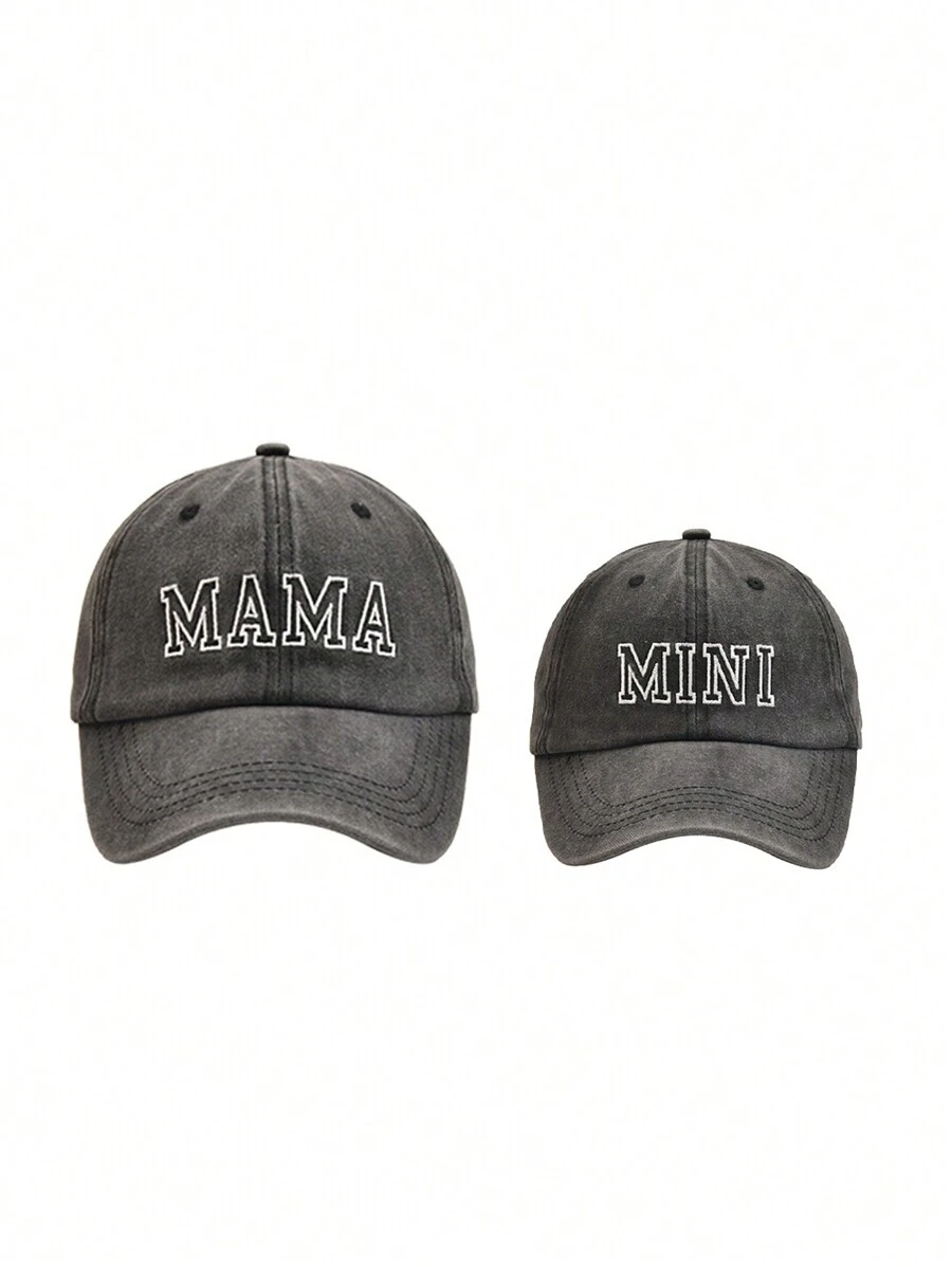 2入組母親與嬰兒配對帽，刺繡字母“MAMA MINI”，母親節和兒童節親子棒球帽 - 黑色 - 查看 1