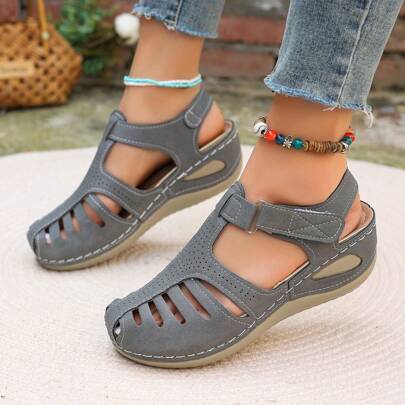 Sandalias de cuña con tacón ligero y suela gruesa para mujer, zapatos romanos antideslizantes de moda con punta cerrada y corte recortado