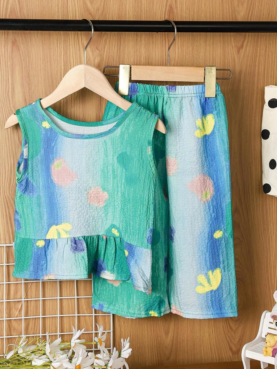 Set aus Tank Top und Hose für Kleine Mädchen, süßes und lässiges 2 Stücke Outfit mit Dobbie-Muster und Ölgemälde Blume Muster-Design, geeignet für den Sommer - Grün - Übersicht 1