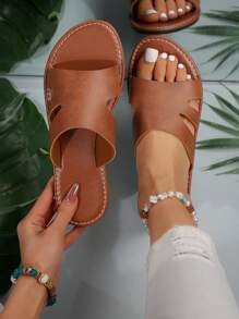 European American Style Women Casual Outdoor Flat Slippers, Solid Color Sport Round Toe Low Heel Beach Sandals For Summer