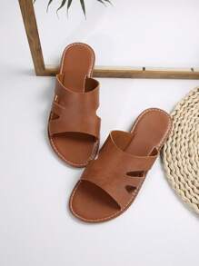 European American Style Women Casual Outdoor Flat Slippers, Solid Color Sport Round Toe Low Heel Beach Sandals For Summer