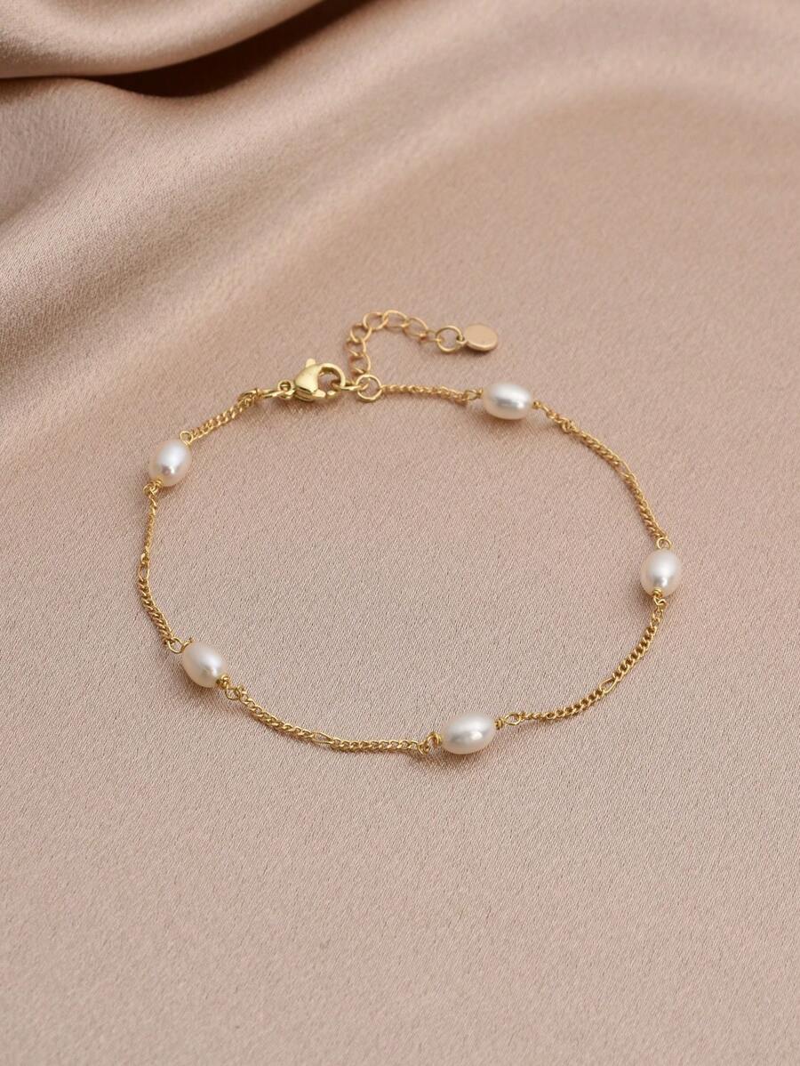 1条18K镀金天然珍珠串珠脚链，女士款，春夏款