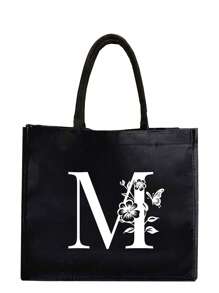 1PC Black Linen Handbag With White Flower Butterfly Letter Print Design,Simple And Elegant,Personalized Bridesmaid Wedding Gift Bag, Makeup Bag,Travel Simple Storage Bag,Solid Color Cosmetics Wallet,Large Capacity Travel Makeup Bag: The Perfect Match For Outdoor Beauties! Suitable For Weddings,Birthdays,Beaches,And Holidays - Black - View 20