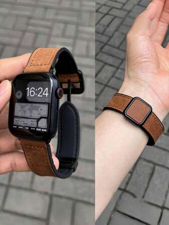 1pc Vintage Square Buckle Leather Magnetic Watch Band Strap Compatible With 38/40/41/42/44/45/46/49mm Ultra/Ultra2/SE/SE2/11/10/9/8/7/6/5/4/3/2/1