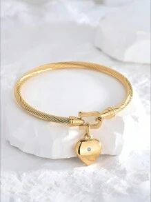1pc Fashionable Luxury Minimalist Stainless Steel Heart Bracelet, Inlaid With Rhinestones, Suitable For Women's Daily Wear, Non-Fading - Gold - View 17