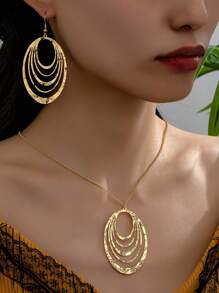 1 Set: Collar con colgante geométrico de círculos multicapa y pendientes a juego para mujeres - Conjunto de collar y aretes circulares geométricos de varias capas - Ver 8