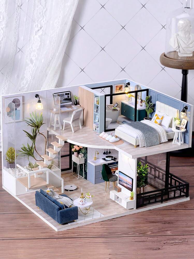 Maison de poupées duplex avec housse anti-poussière, décoration de chambre et meubles, kit de modèle à construire soi-même, puzzle 3D en bois, cadeau d'artisanat pour anniversaire, décoration de pièce